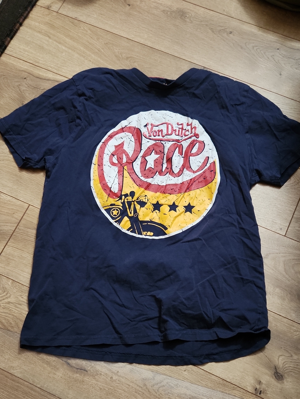 Von Dutch Navy Tee with Red and Yellow Race Graphic